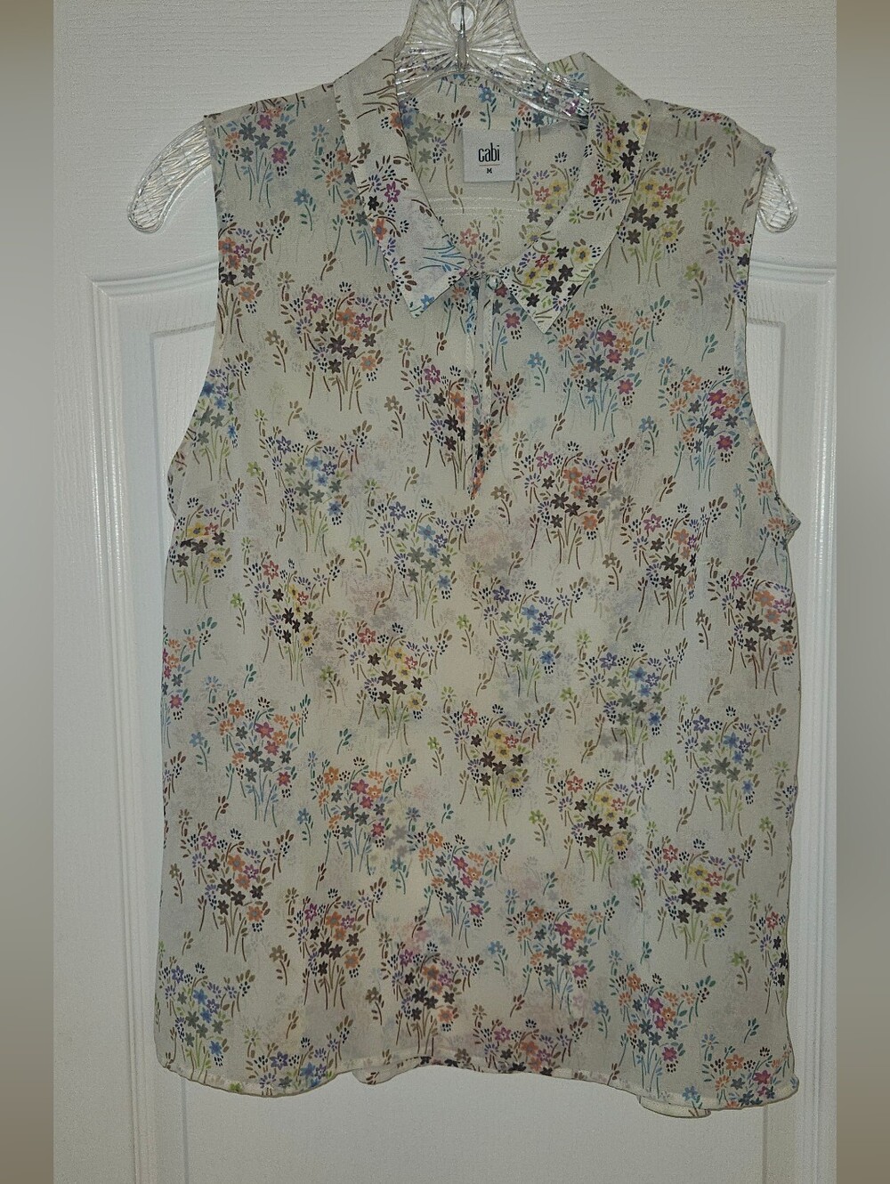 CAbi Cream Sleeveless Tie-Neck Top with Multicolor Floral Sprigs